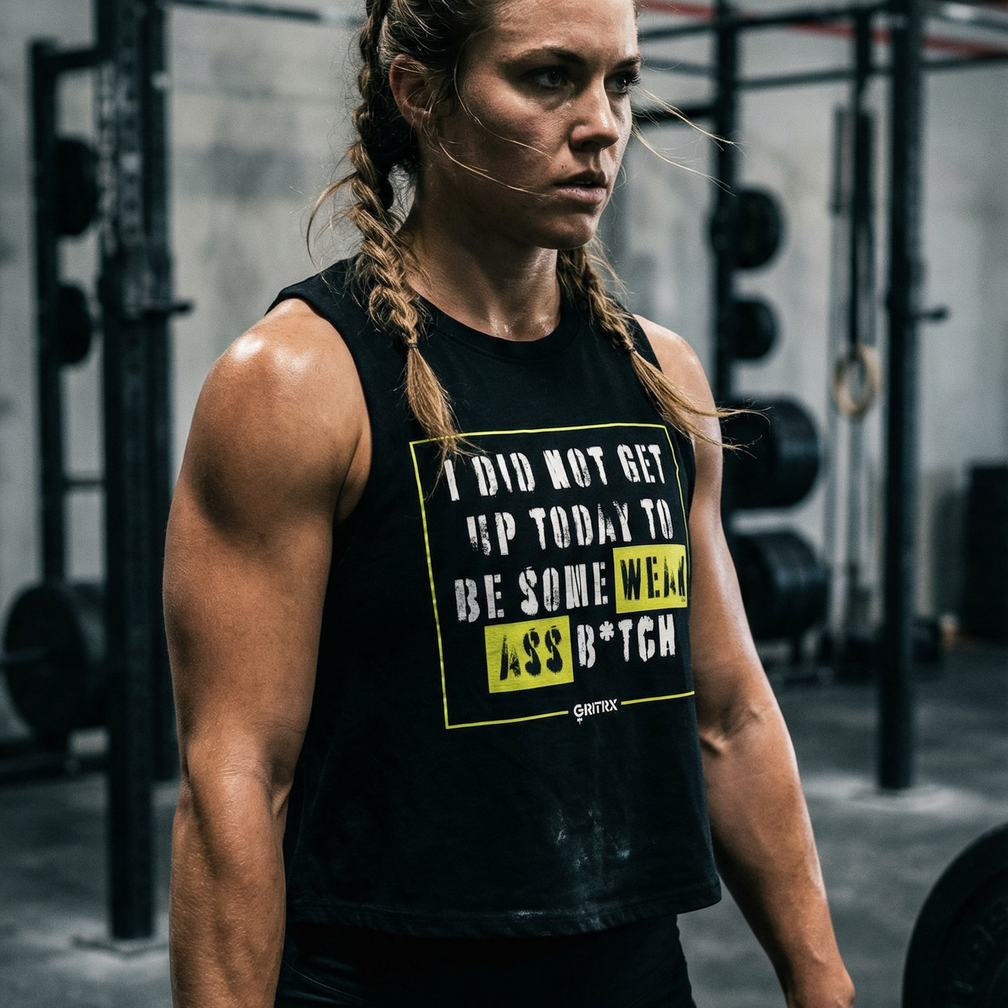 Woman lifting weights in a gym wearing a black tank top with text.